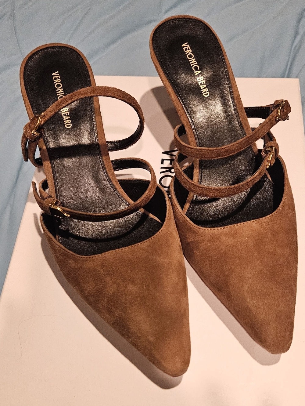Veronica Beard Corrie Brown Suede Pointed-Toe Mule with Double Buckle